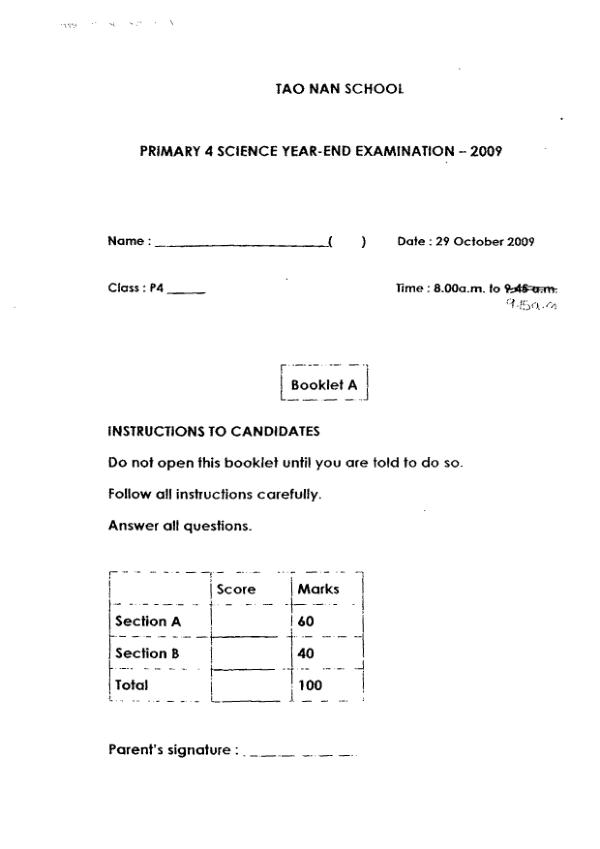 Tao Nan P4 Sci SA2 2009 exam paper PDF first page preview