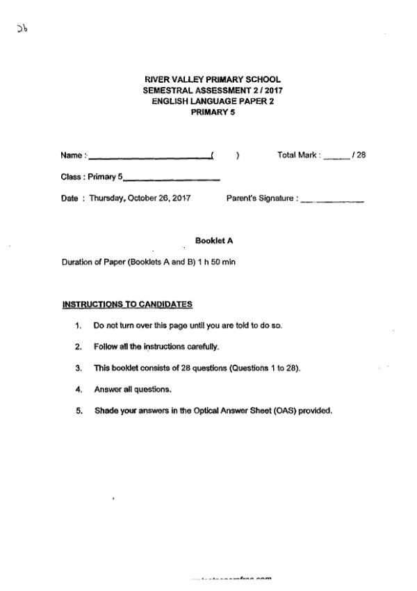 River Valley P5 Eng SA2 2017 exam paper PDF preview