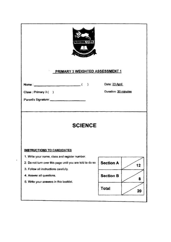 Tao Nan P3 Sci WA1 2022 exam paper PDF preview