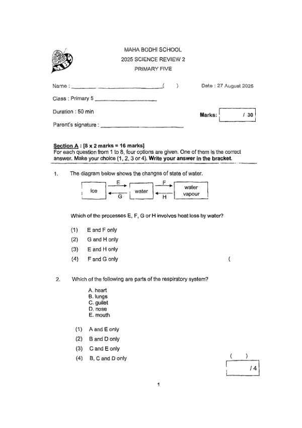 First page preview of P5 Sci 2025 WA2 — Maha Bodhi