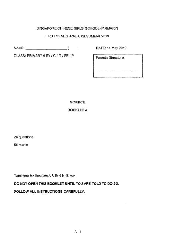 Singapore Chinese Girls P6 Sci WA2 2019 exam paper PDF first page preview