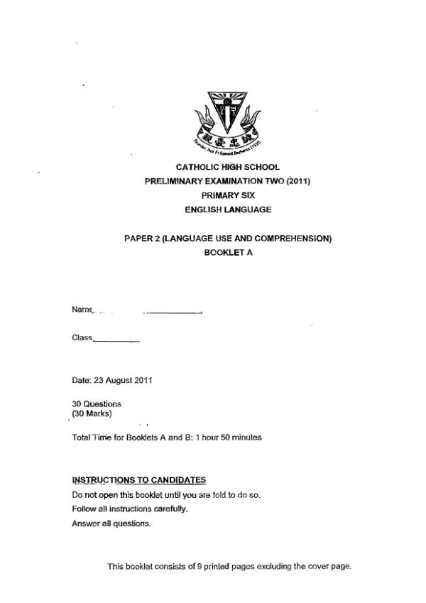 Catholic High P6 Eng SA2 2011 exam paper PDF preview