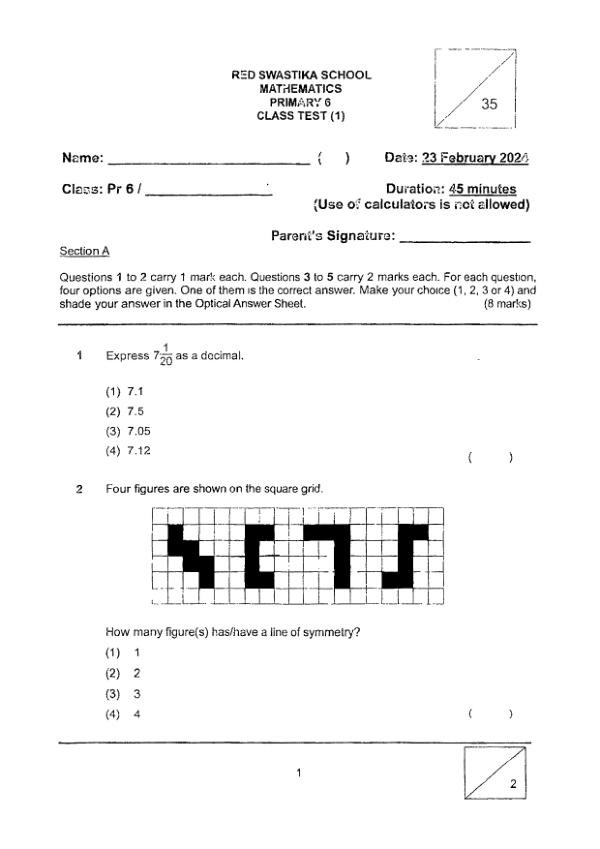 First page preview of P6 Math 2024 WA1 — Red Swastika