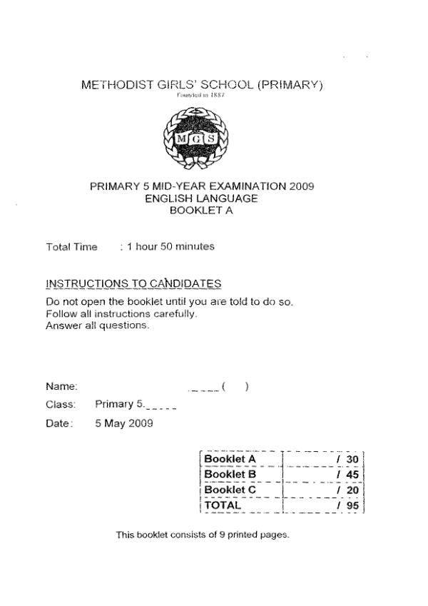 Methodist Girls P5 Eng WA2 2009 exam paper PDF preview