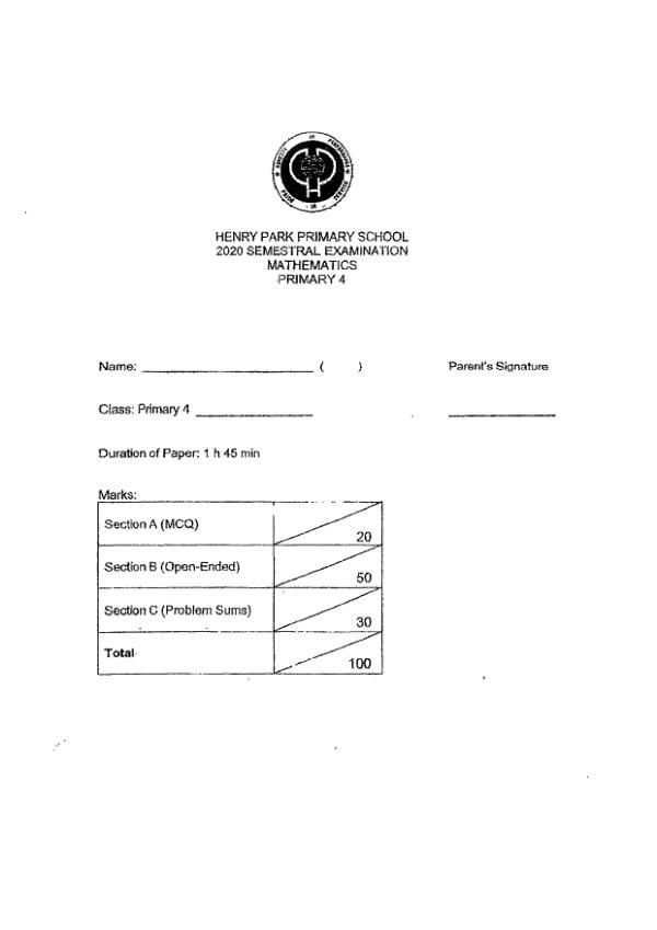 First page preview of P4 Math 2020 SA2 — Henry Park