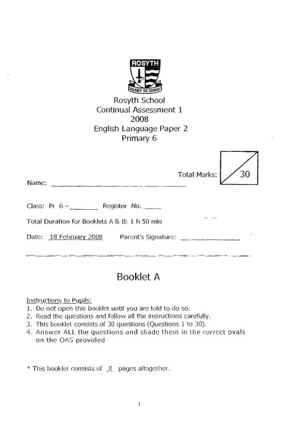 Rosyth P6 Eng WA1 2008 exam paper PDF preview