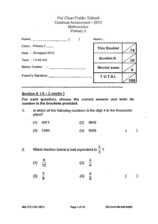 Pei Chun P3 Math WA3 2013 exam paper PDF preview