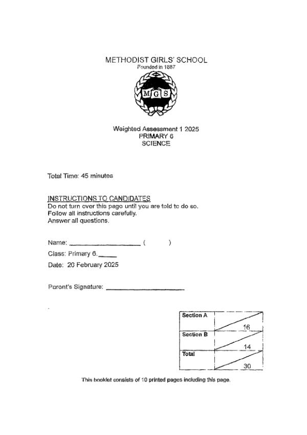 Methodist Girls P6 Sci WA1 2025 exam paper PDF first page preview