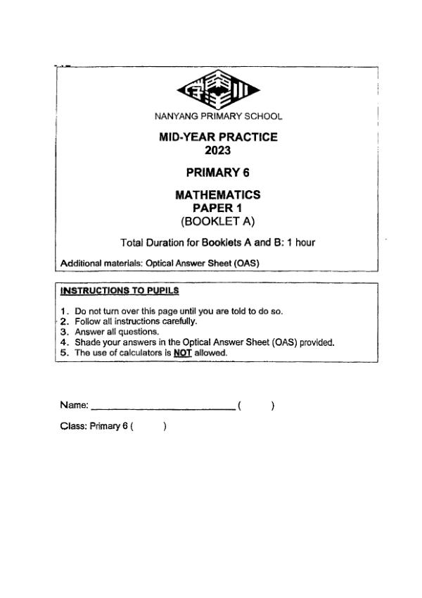 First page preview of P6 Math 2023 WA2 — Nanyang
