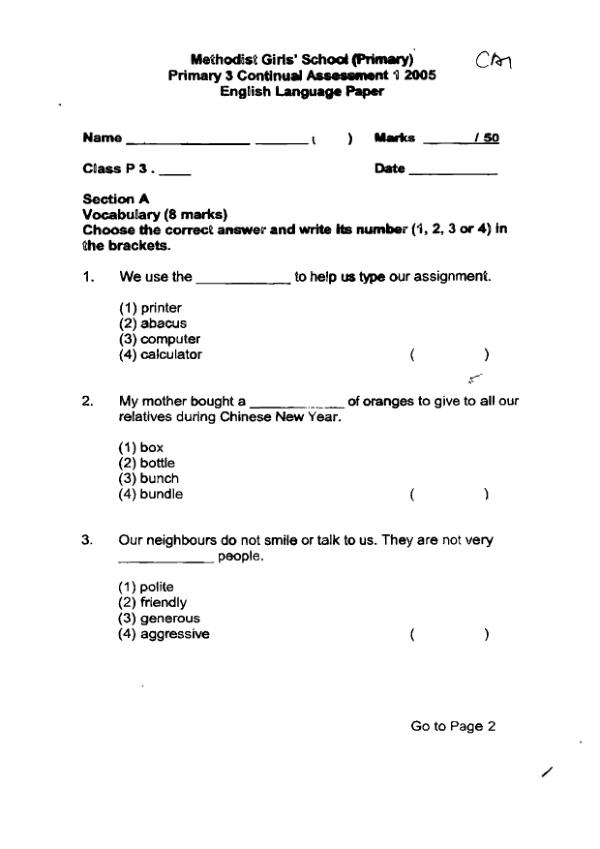 Methodist Girls P3 Eng WA1 2005 exam paper PDF preview