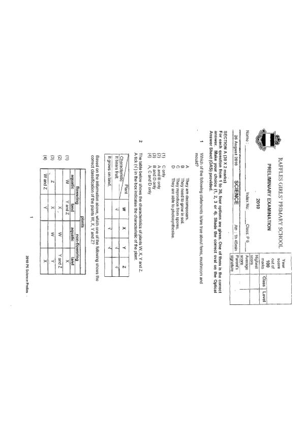 Raffles Girls P6 Sci SA2 2010 exam paper PDF first page preview