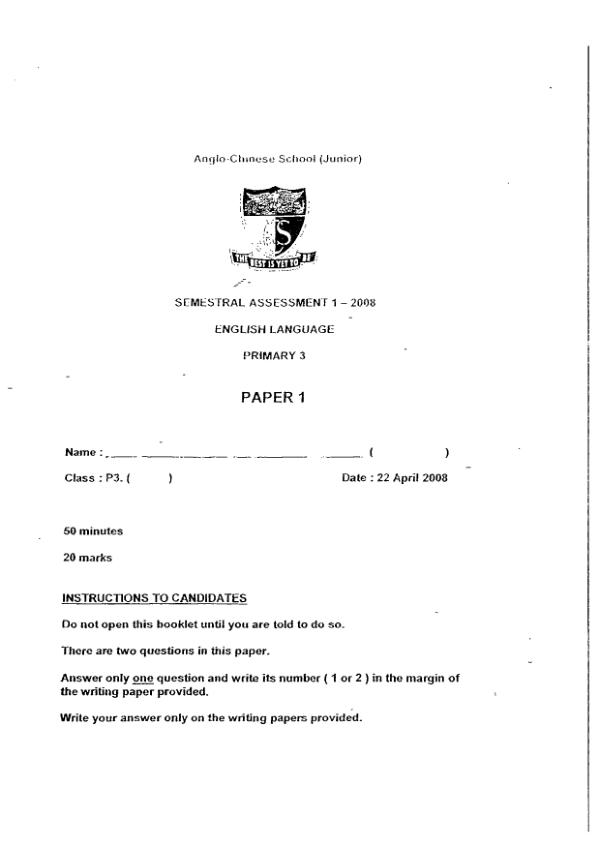 Anglo Chinese P3 Eng WA2 2008 exam paper PDF first page preview