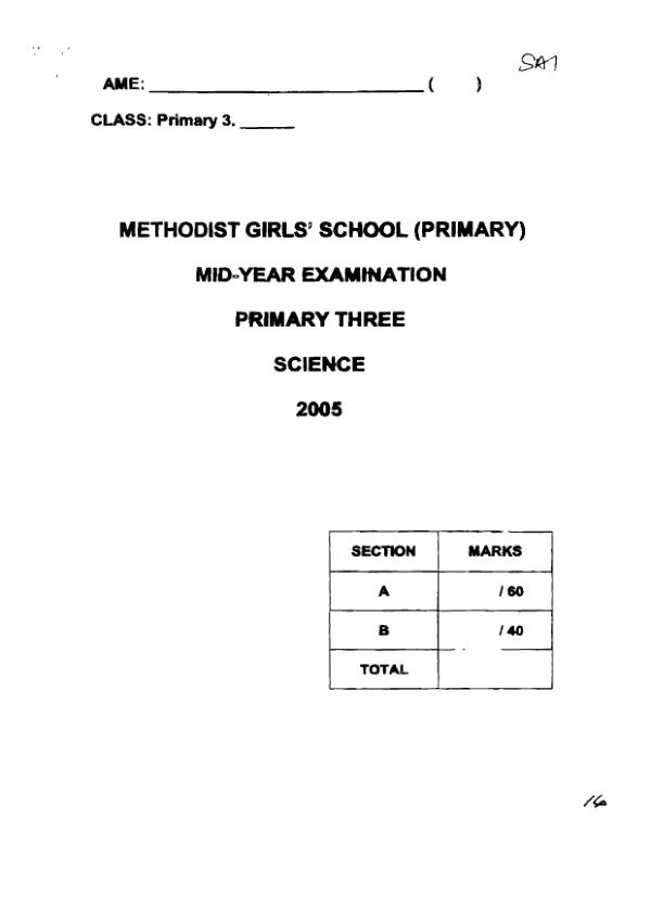 Methodist Girls P3 Sci WA2 2005 exam paper PDF first page preview