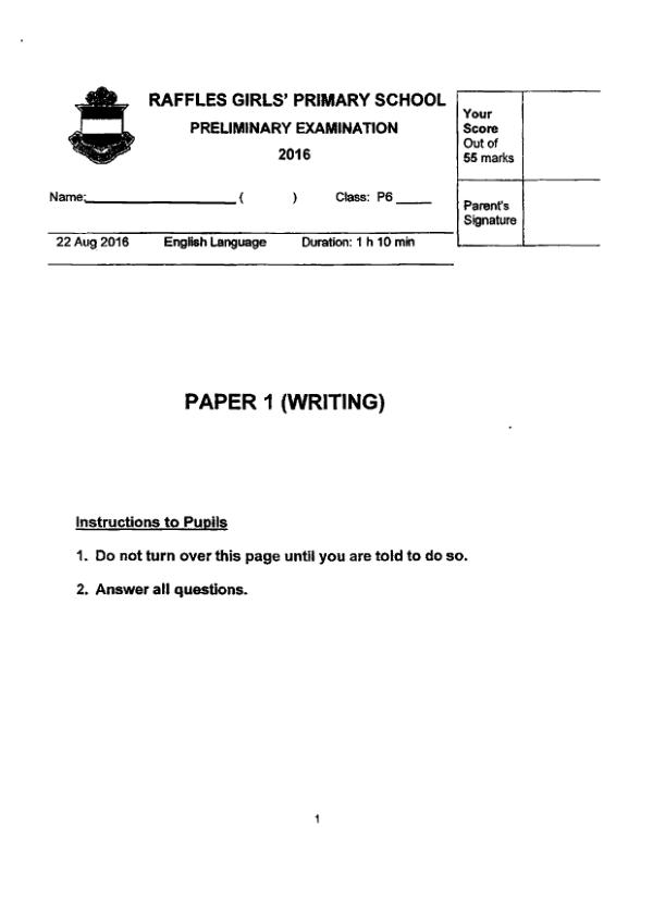 Raffles Girls P6 Eng SA2 2016 exam paper PDF first page preview