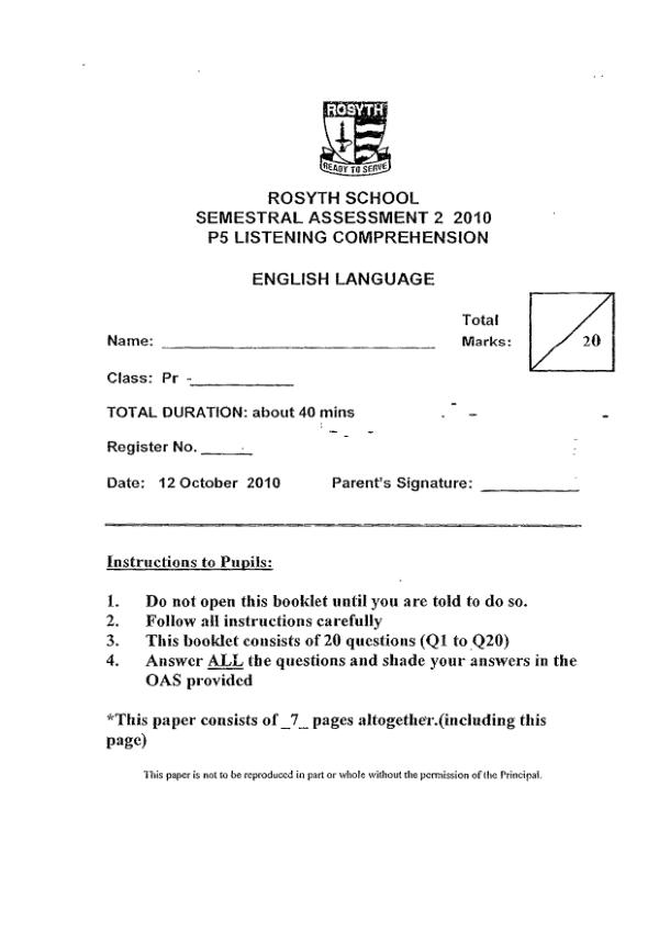 Rosyth P5 Eng SA2 2010 exam paper PDF first page preview