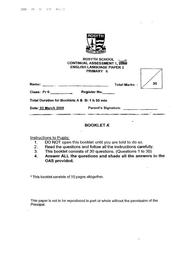 Rosyth P6 Eng WA1 2009 exam paper PDF preview