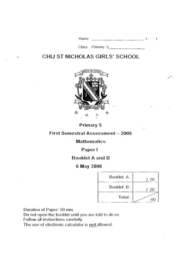 CHIJ P5 Math WA2 2008 exam paper PDF preview