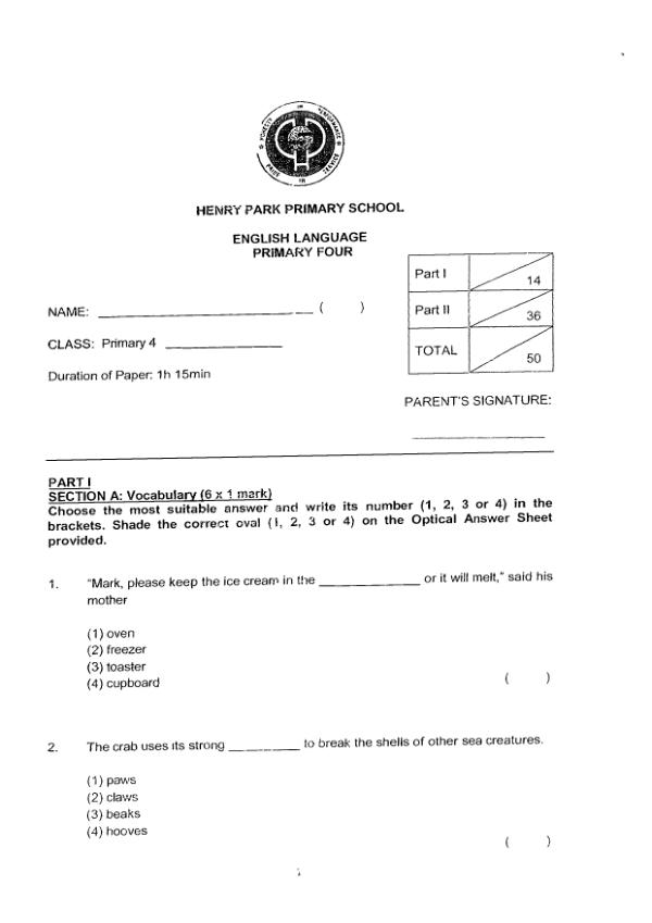 Henry Park P4 Eng SA2 2021 exam paper PDF first page preview