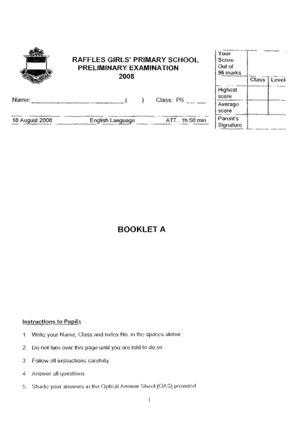 Raffles Girls P6 Eng SA2 2008 exam paper PDF first page preview