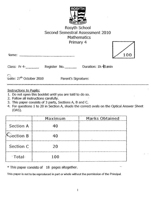 Rosyth P4 Math SA2 2010 exam paper PDF preview