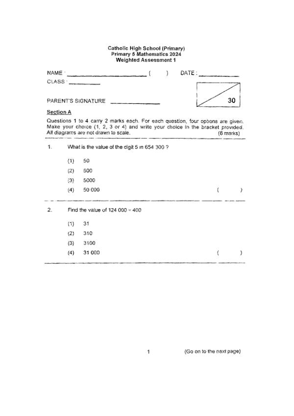 First page preview of P5 Math 2024 WA1 — Catholic High