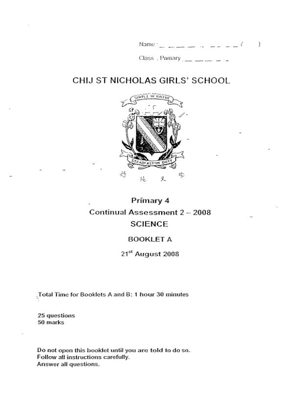 CHIJ P4 Sci WA3 2008 exam paper PDF first page preview