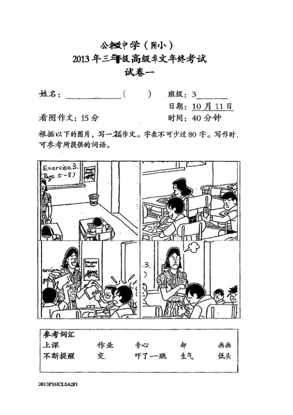 Catholic High P3 Chi SA2 2013 exam paper PDF first page preview
