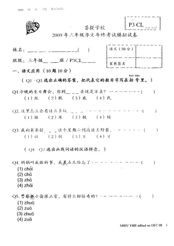 Maha Bodhi P3 Chi SA2 2009 exam paper PDF preview