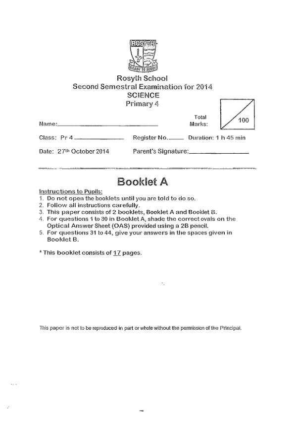 Rosyth P4 Sci SA2 2014 exam paper PDF preview