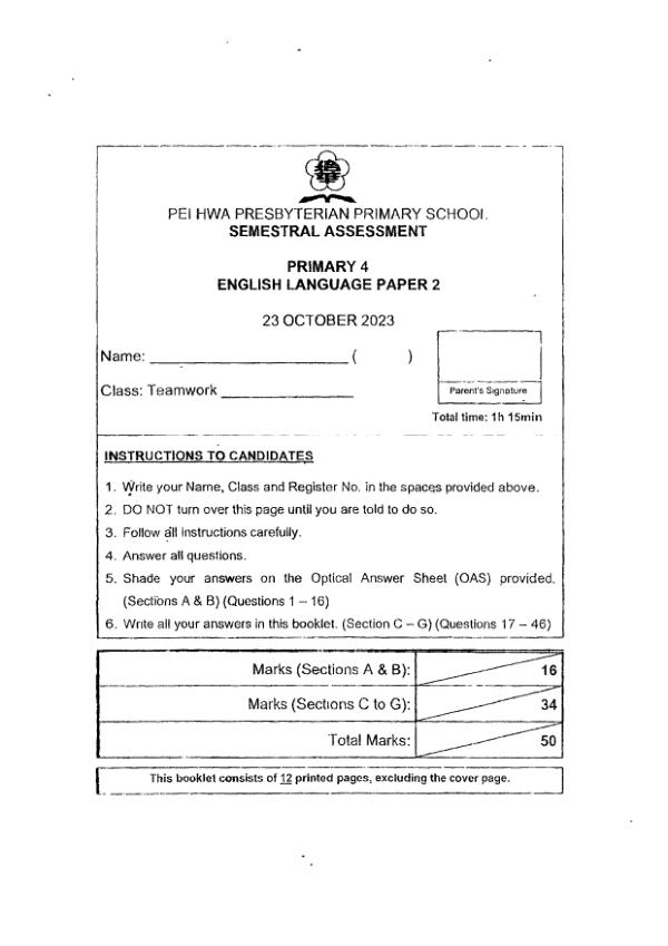 Pei Hwa P4 Eng SA2 2023 exam paper PDF preview