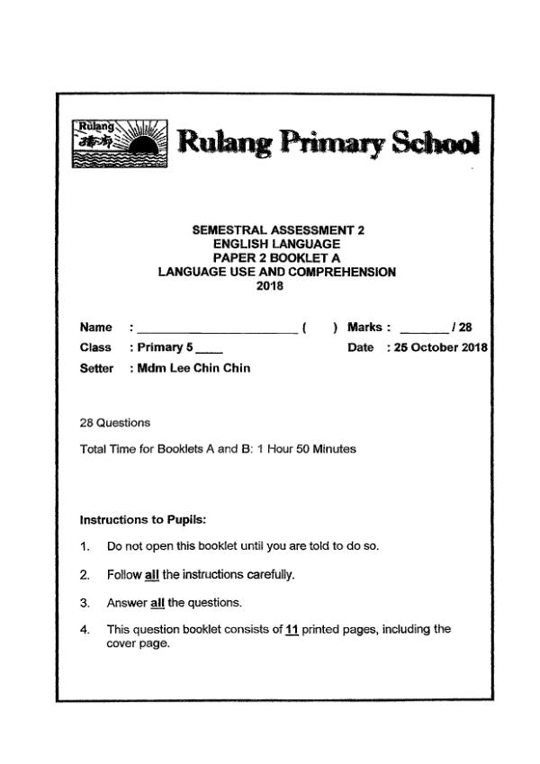 Rulang P5 Eng SA2 2018 exam paper PDF first page preview