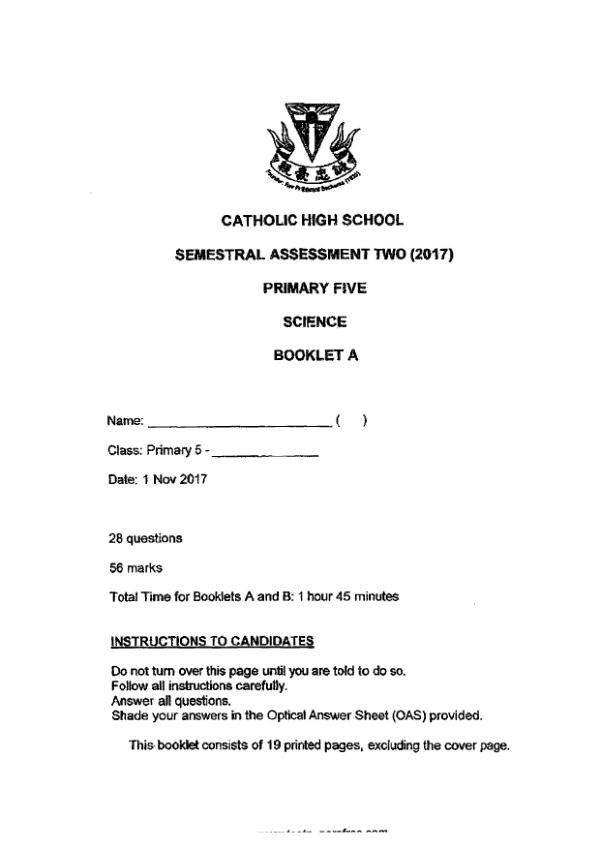 Catholic High P5 Sci SA2 2017 exam paper PDF first page preview