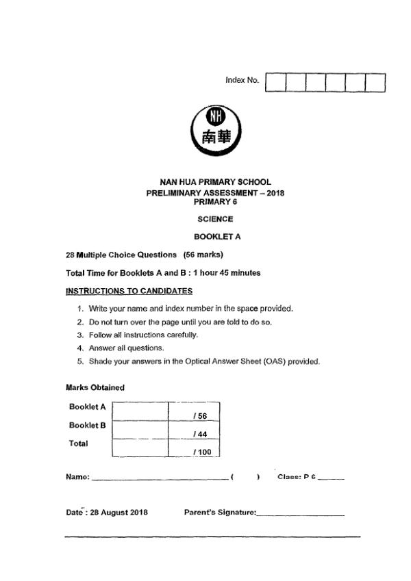 Nan Hua P6 Sci SA2 2018 exam paper PDF first page preview
