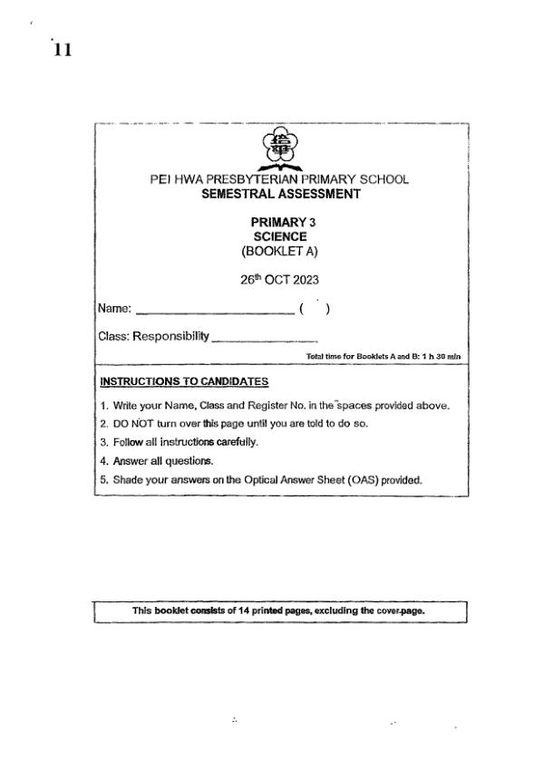 Pei Hwa P3 Sci SA2 2023 exam paper PDF preview