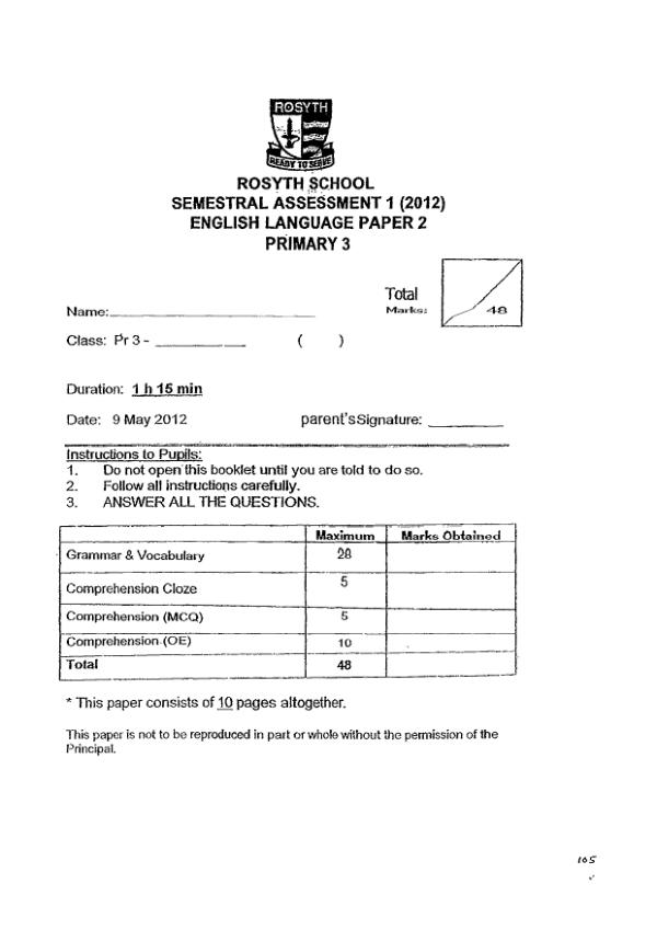 Rosyth P3 Eng WA2 2012 exam paper PDF preview
