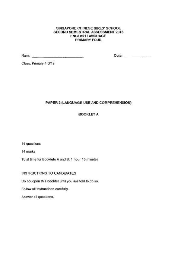Singapore Chinese Girls P4 Eng SA2 2015 exam paper PDF preview