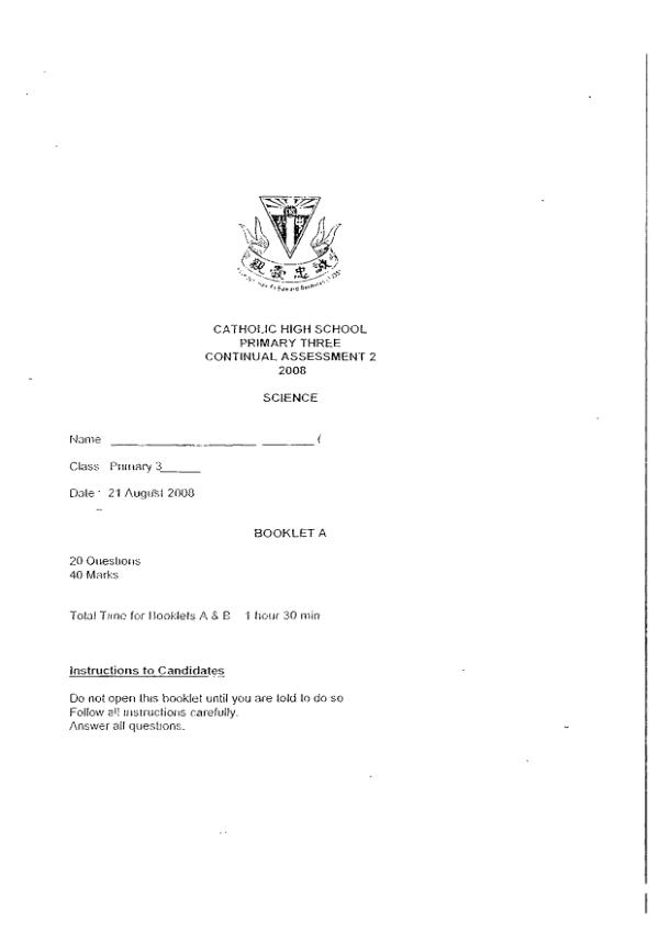 Catholic High P3 Sci WA3 2008 exam paper PDF preview