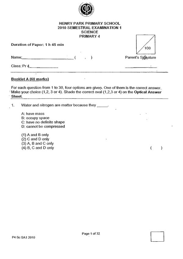 Henry Park P4 Sci WA2 2010 exam paper PDF preview
