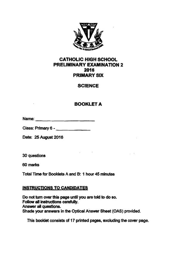 Catholic High P6 Sci SA2 2016 exam paper PDF preview