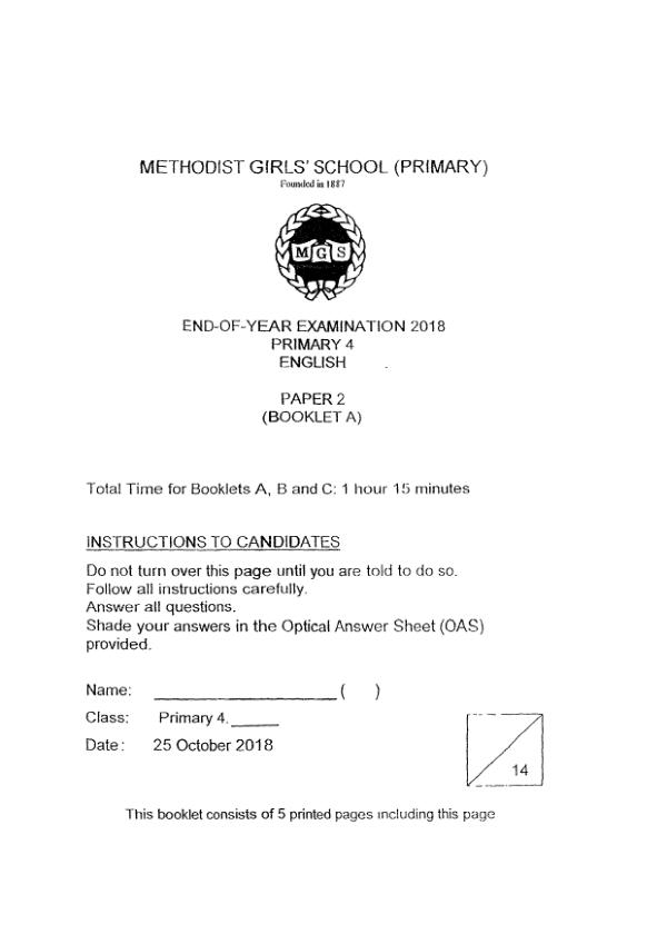 Methodist Girls P4 Eng SA2 2018 exam paper PDF first page preview