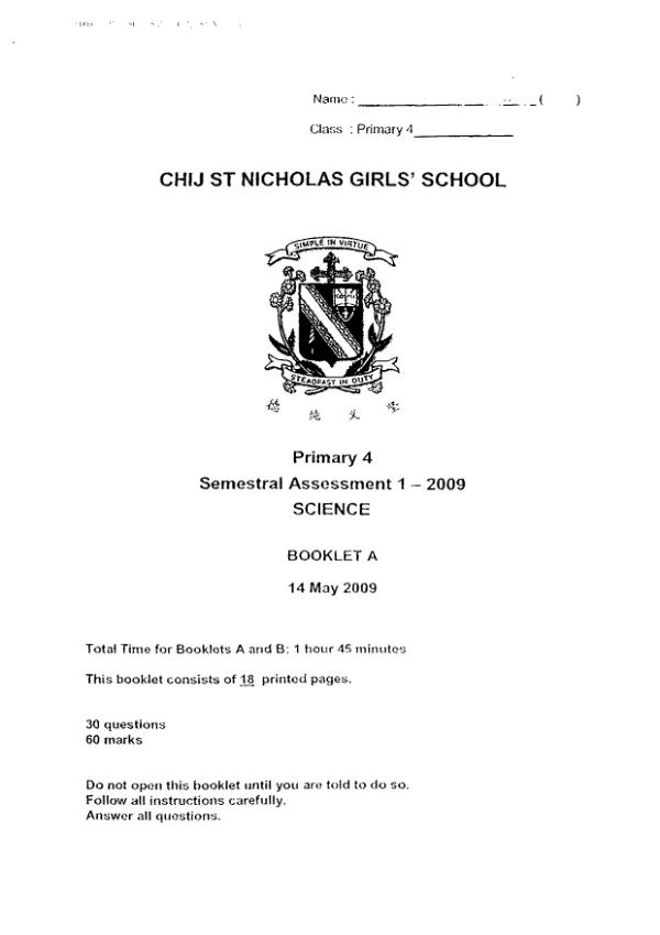 CHIJ P4 Sci WA2 2009 exam paper PDF preview