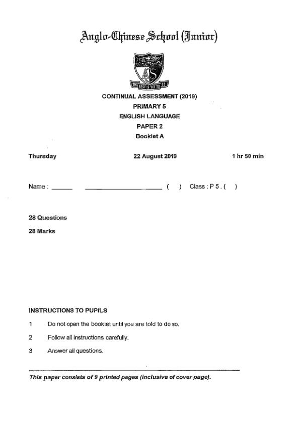 Anglo Chinese P5 Eng WA3 2019 exam paper PDF preview