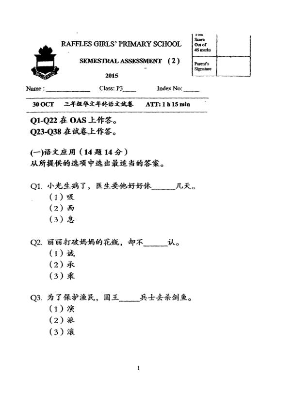 Raffles Girls P3 Chi SA2 2015 exam paper PDF first page preview