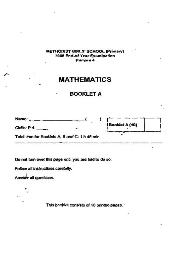 Methodist Girls P4 Math SA2 2008 exam paper PDF preview