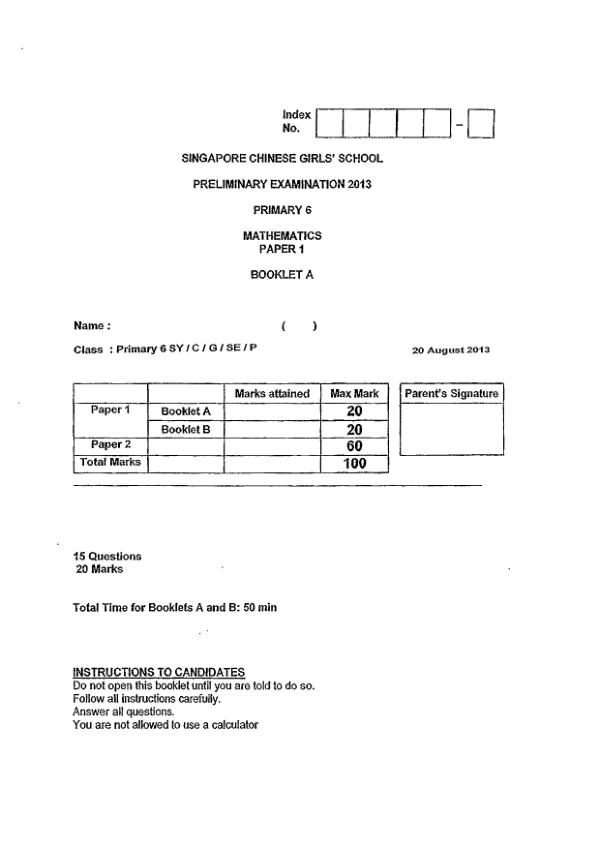 Singapore Chinese Girls P6 Math SA2 2013 exam paper PDF first page preview