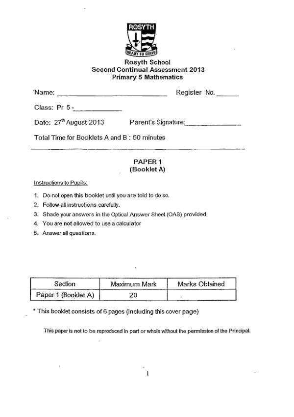 Rosyth P5 Math WA3 2013 exam paper PDF preview