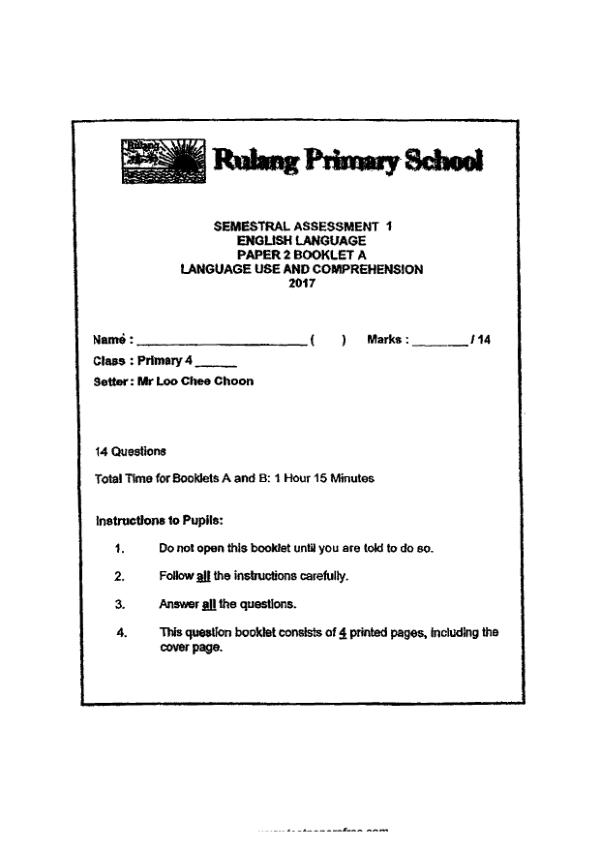 Rulang P4 Eng WA2 2017 exam paper PDF first page preview