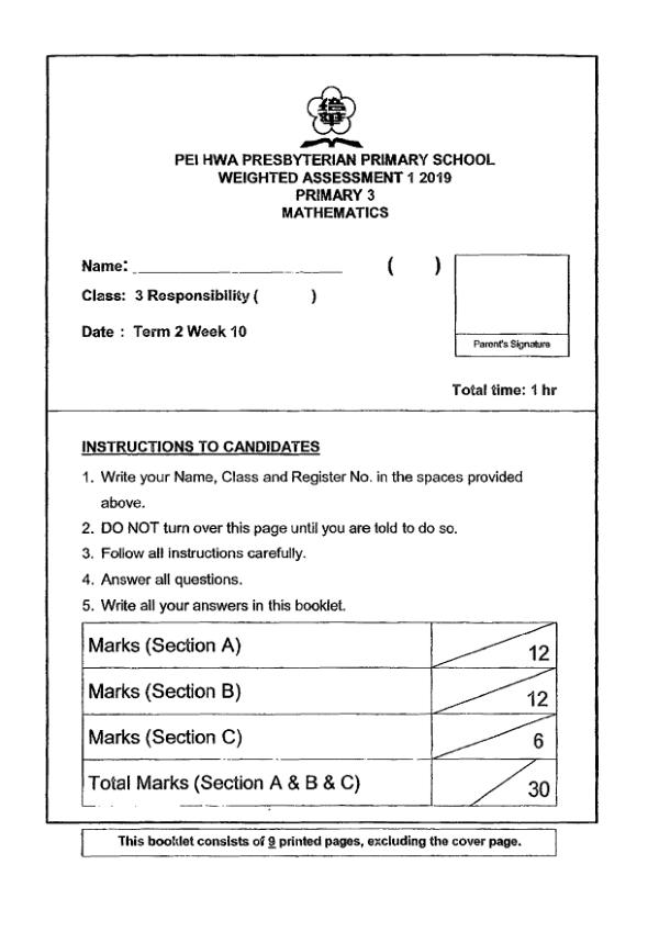First page preview of P3 Math 2019 WA2 — Pei Hwa