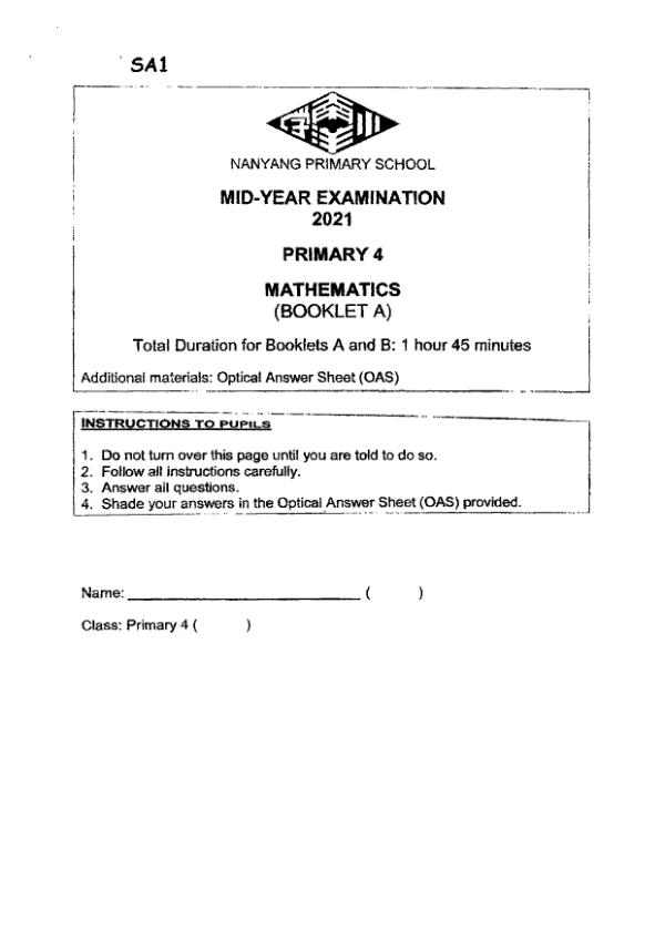 First page preview of P4 Math 2021 WA2 — Nanyang