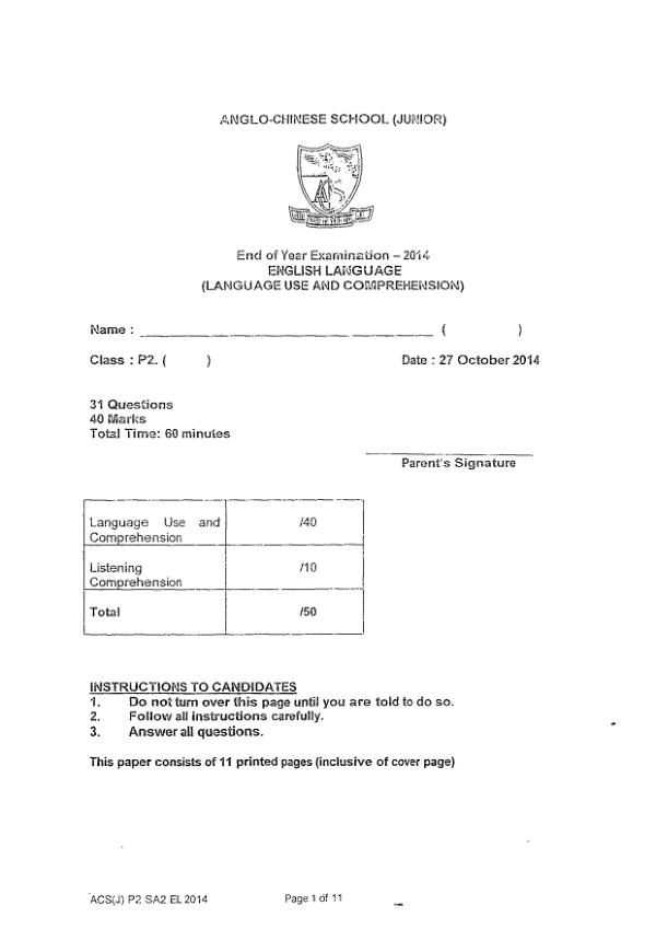 Anglo Chinese P2 Eng SA2 2014 exam paper PDF preview